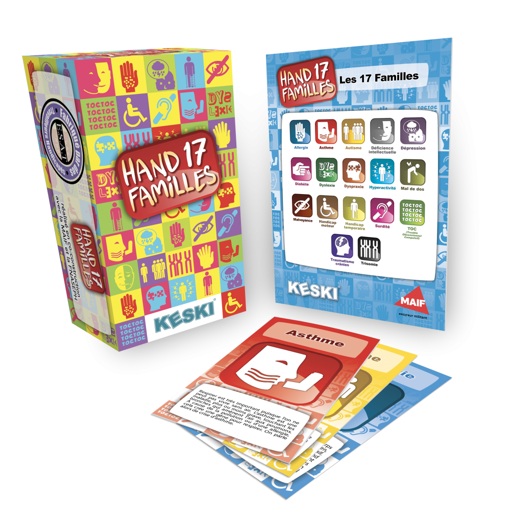 visuel de la boite du jeu de cartes Hand17Familles avec quelques exemples de cartes et le flyer présentant les pictos des 17 handicaps