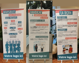 3 kakémonos de sensibilisation au handicap sur l'emploi et la RQTH, les aménagements de poste et les chiffres essentiels