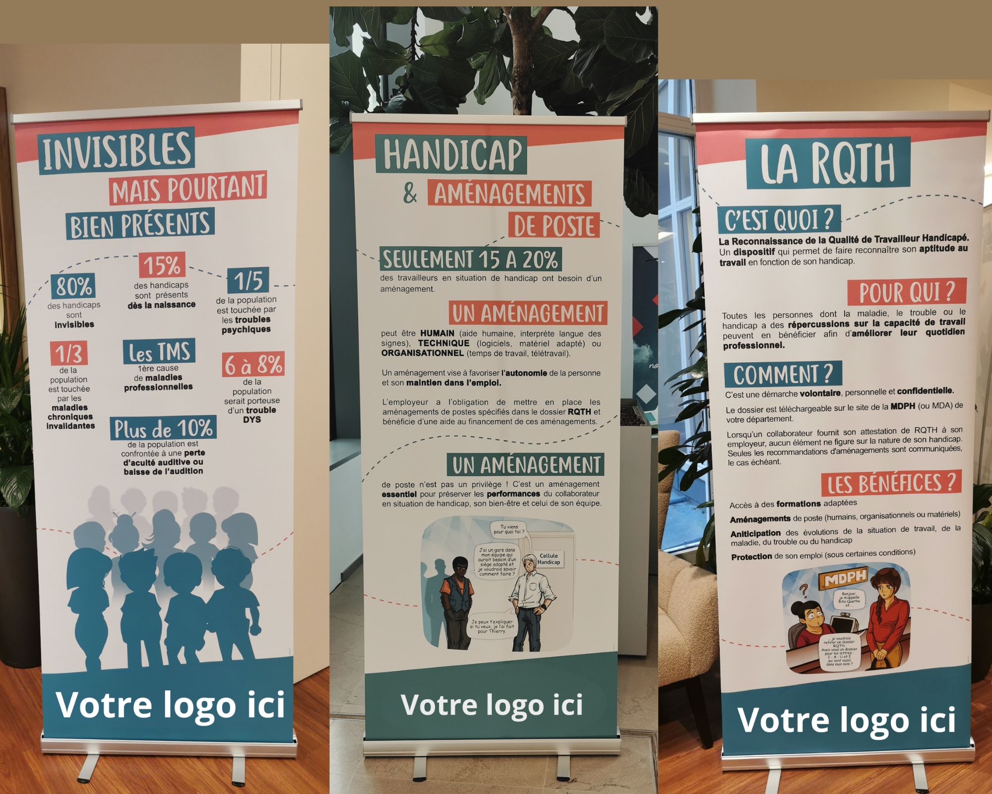 3 kakémonos de sensibilisation au handicap sur l'emploi et la RQTH, les aménagements de poste et les chiffres essentiels