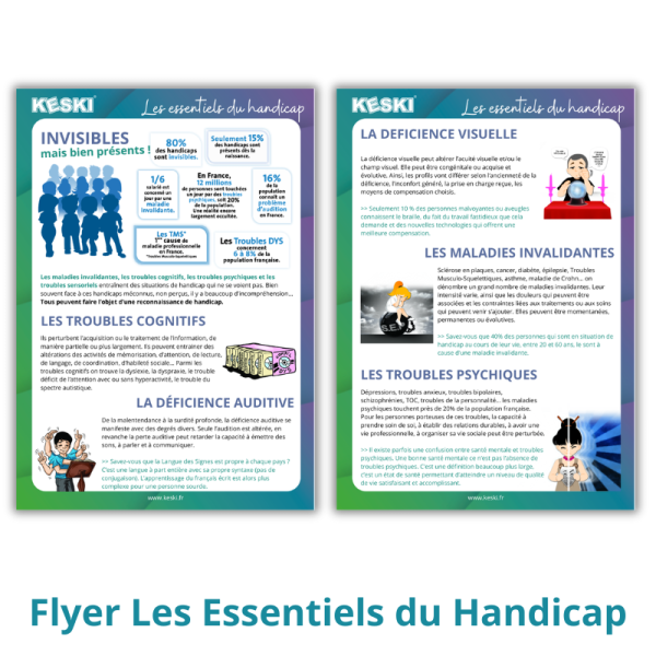 flyer les essentiels du handicap avec des chiffres sur les handicaps invisibles, les troubles cognitifs, la déficience auditive, la déficience visuelle, les maladies invalidantes et les troubles psychiques