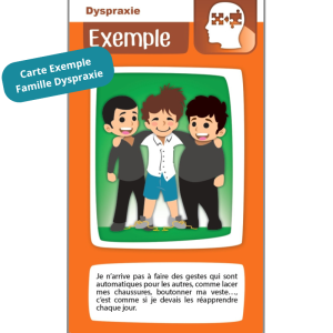 Visuel carte Exemple de la famille Dyspraxie : "Je n'arrive pas à faire des gestes qui sont automatiques pour les autres, comme lacer mes chaussures, boutonner ma veste..., c'est comme si je devais les réapprendre chaque jour.