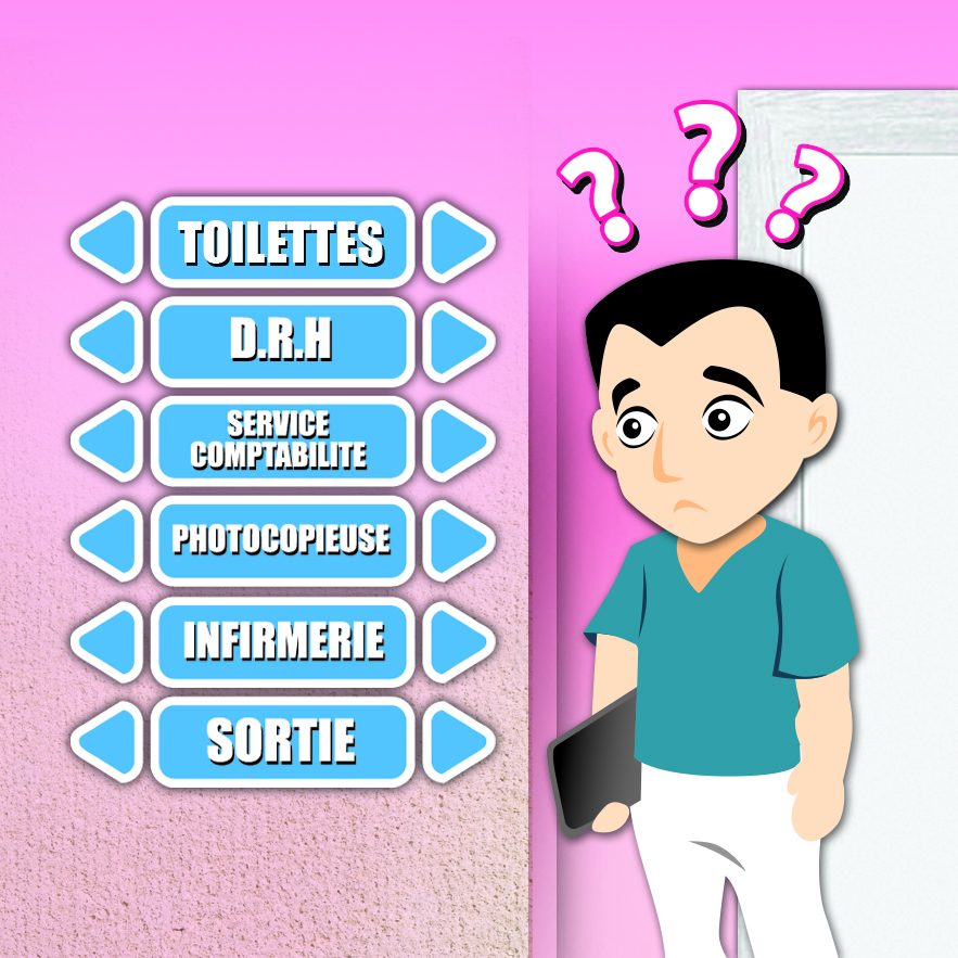 illustration jeu de carte Les Hinvisibles un personnage cherche à comprendre des panneaux directionnels qui montrent des directions opposées
