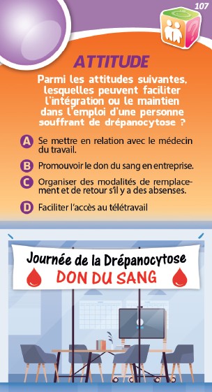Carte 107 du jeu de cartes Les Hinvisibles avec un quiz sur la drépanocytose