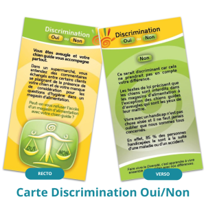 exemple de carte Discrimination oui ou Non avec une personne aveugle accompagnée de son chien guide qui se voit refuser l'accès d'un supermarché