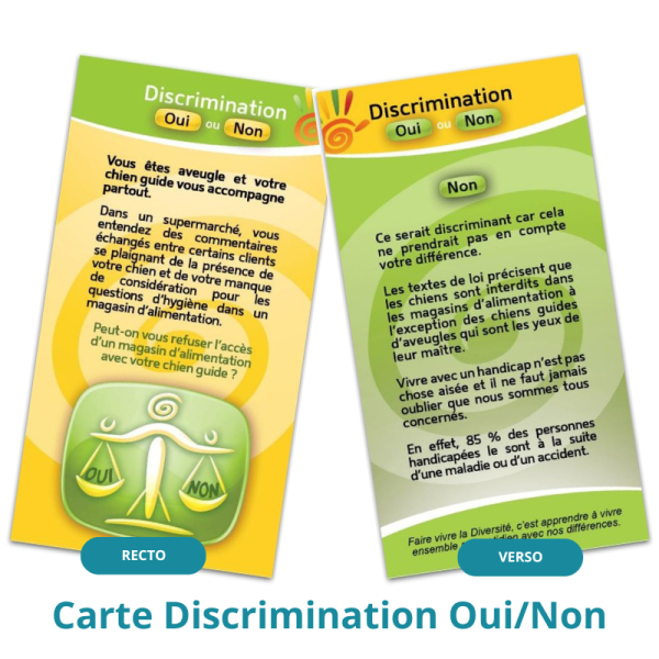 exemple de carte Discrimination oui ou Non avec une personne aveugle accompagnée de son chien guide qui se voit refuser l'accès d'un supermarché