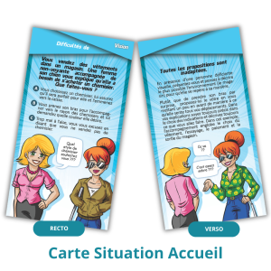 exemple carte situation accueil avec le quiz : Vous vendez des vêtements dans un magasin. Une femme non-voyante accompagnée de son chien vous explique qu'elle a besoin d'acheter un chemisier. Que faites-vous ?