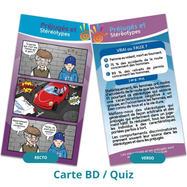 exemple de carte BD/Quiz avec un strip en 3 vignettes sur les préjugés