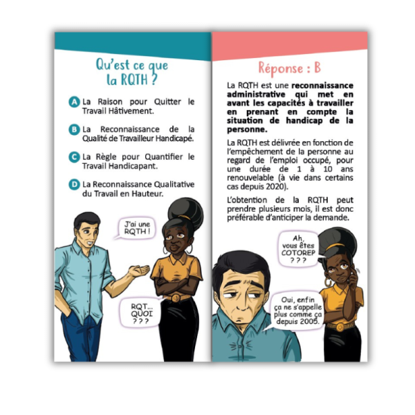 exemple de faces du dépliants avec un quiz sur la RQTH