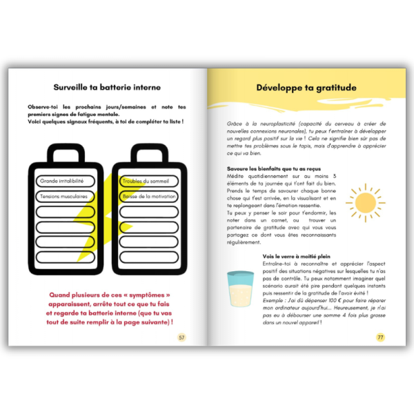 page Surveille ta batterie interne et page développe ta gratitude